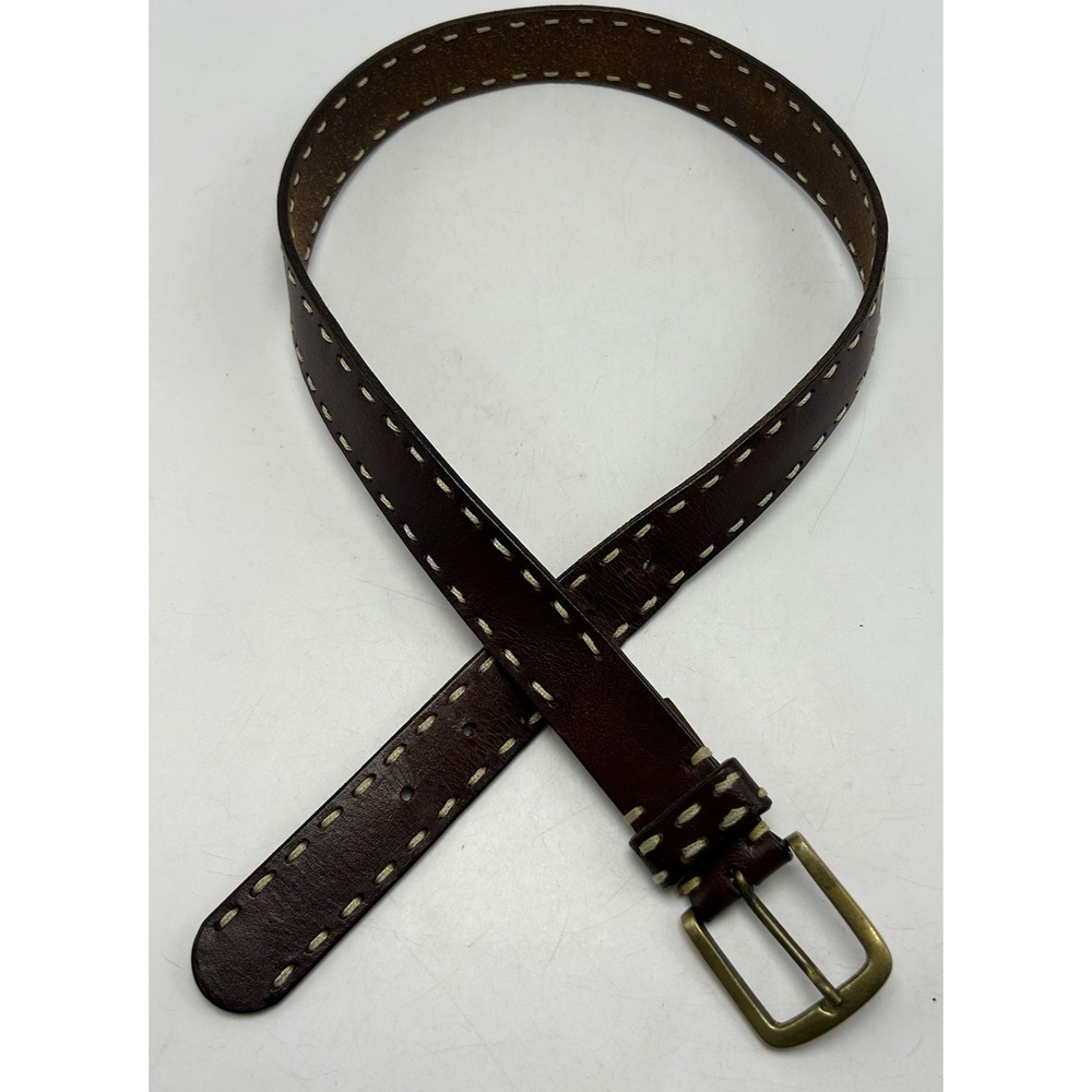 Leather Belt Womens Medium Brown White Stitching Brass Buckle Casual Capsule